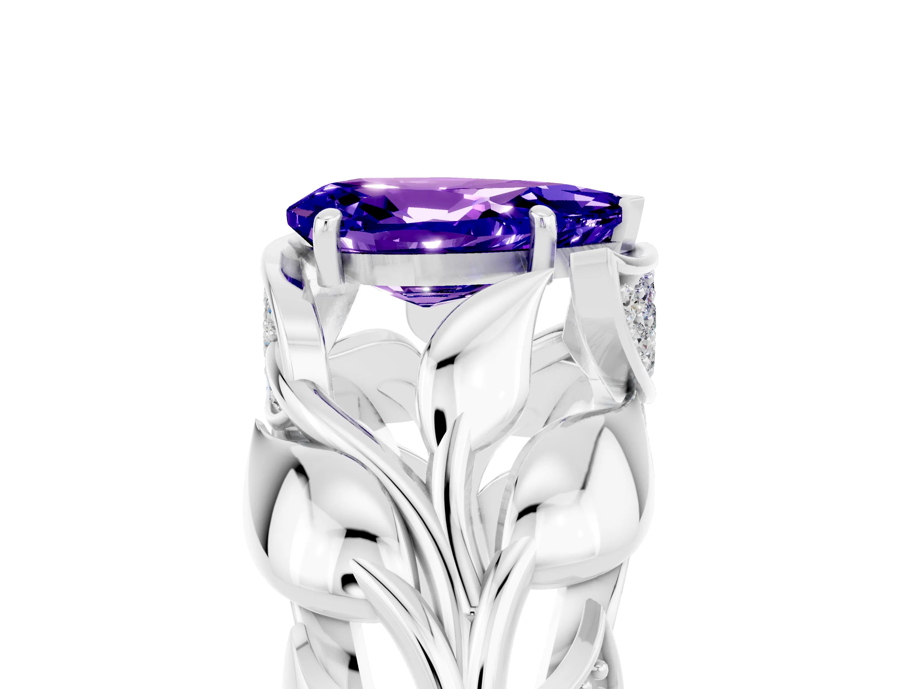 White gold Pear Cut Solitaire Leaf-Inspired Engagement Ring with Prong Setting_5