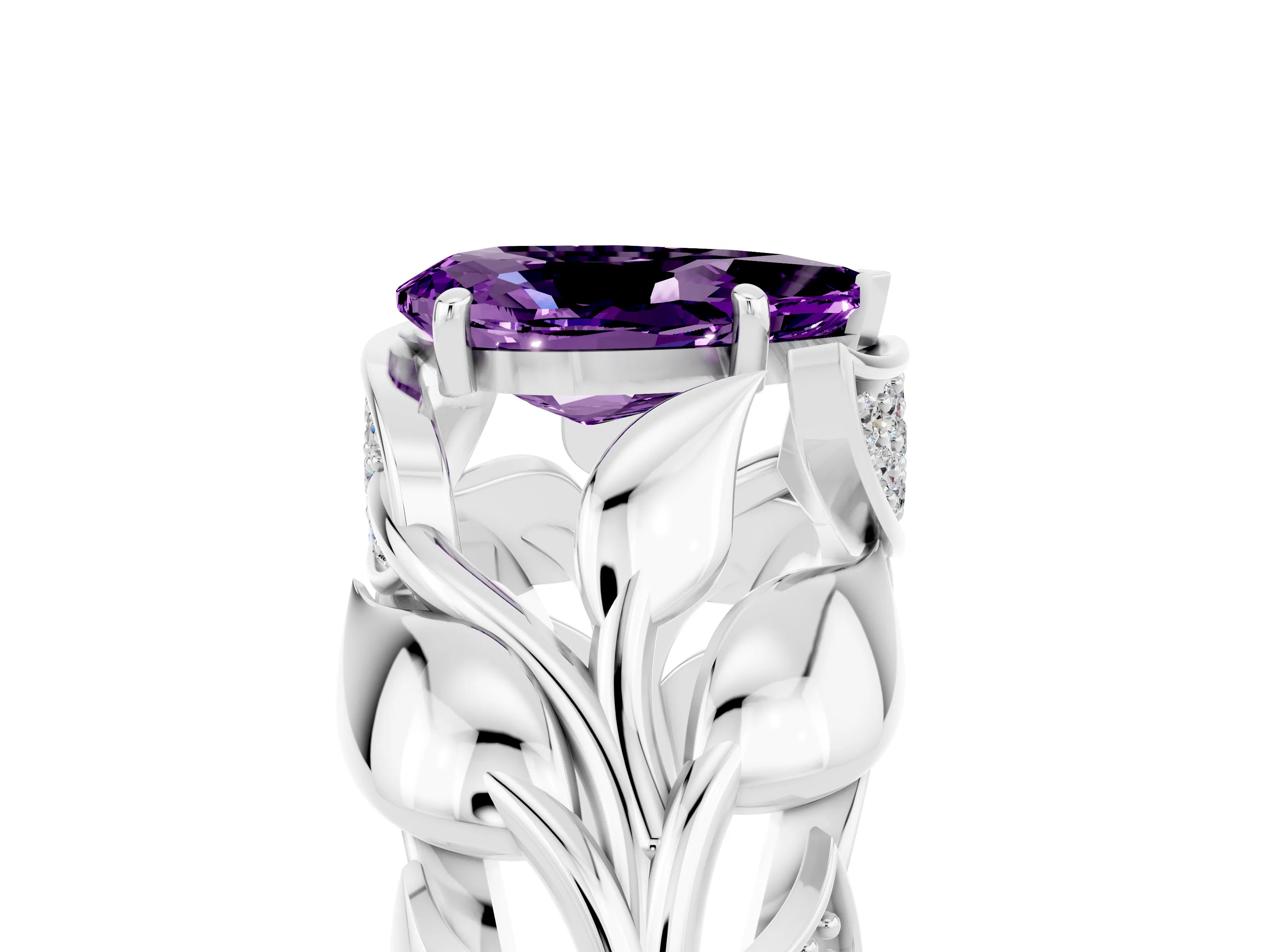 White gold Pear Cut Solitaire Leaf-Inspired Engagement Ring with Prong Setting_5