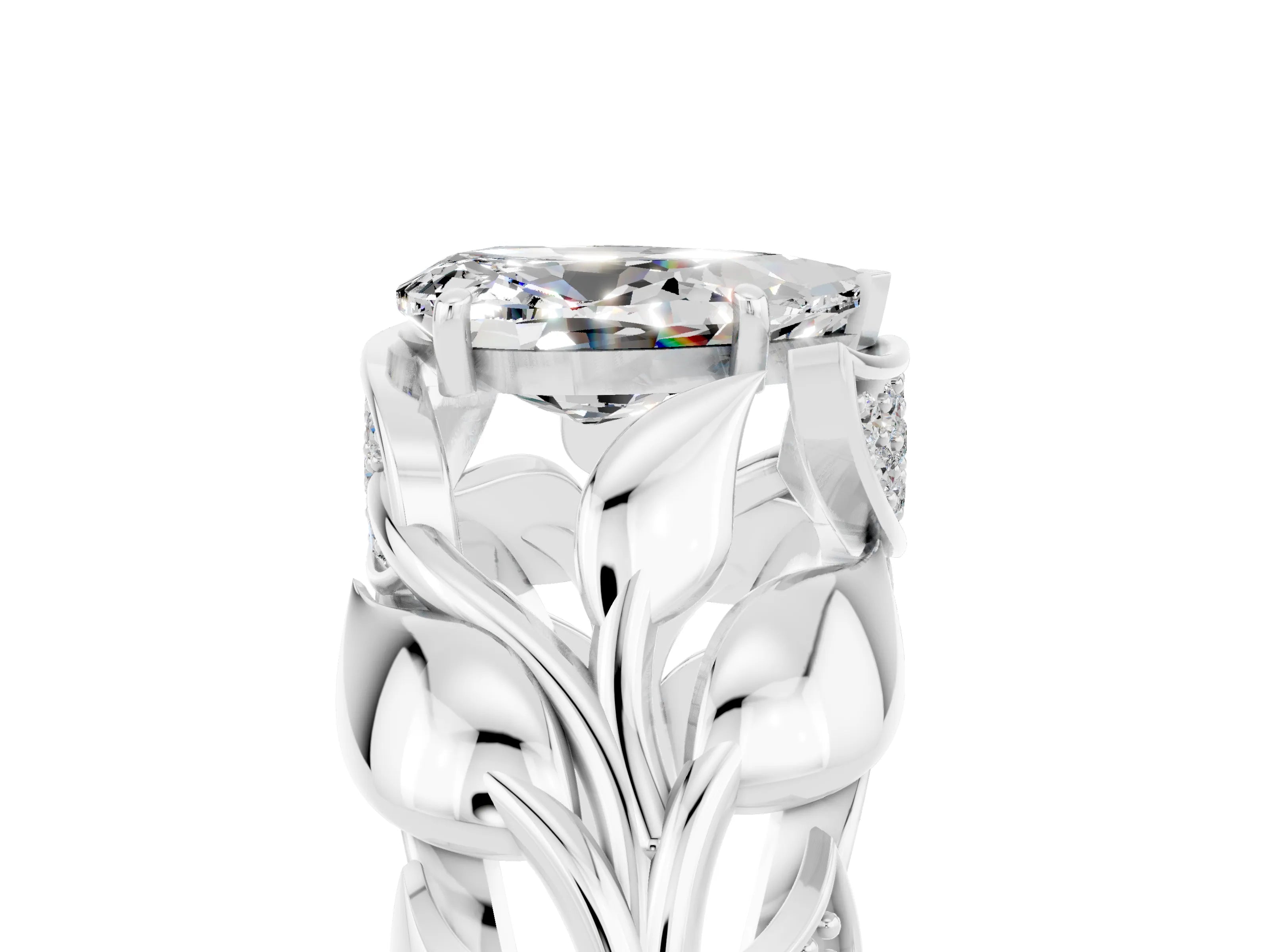 White gold Pear Cut Solitaire Leaf-Inspired Engagement Ring with Prong Setting_5