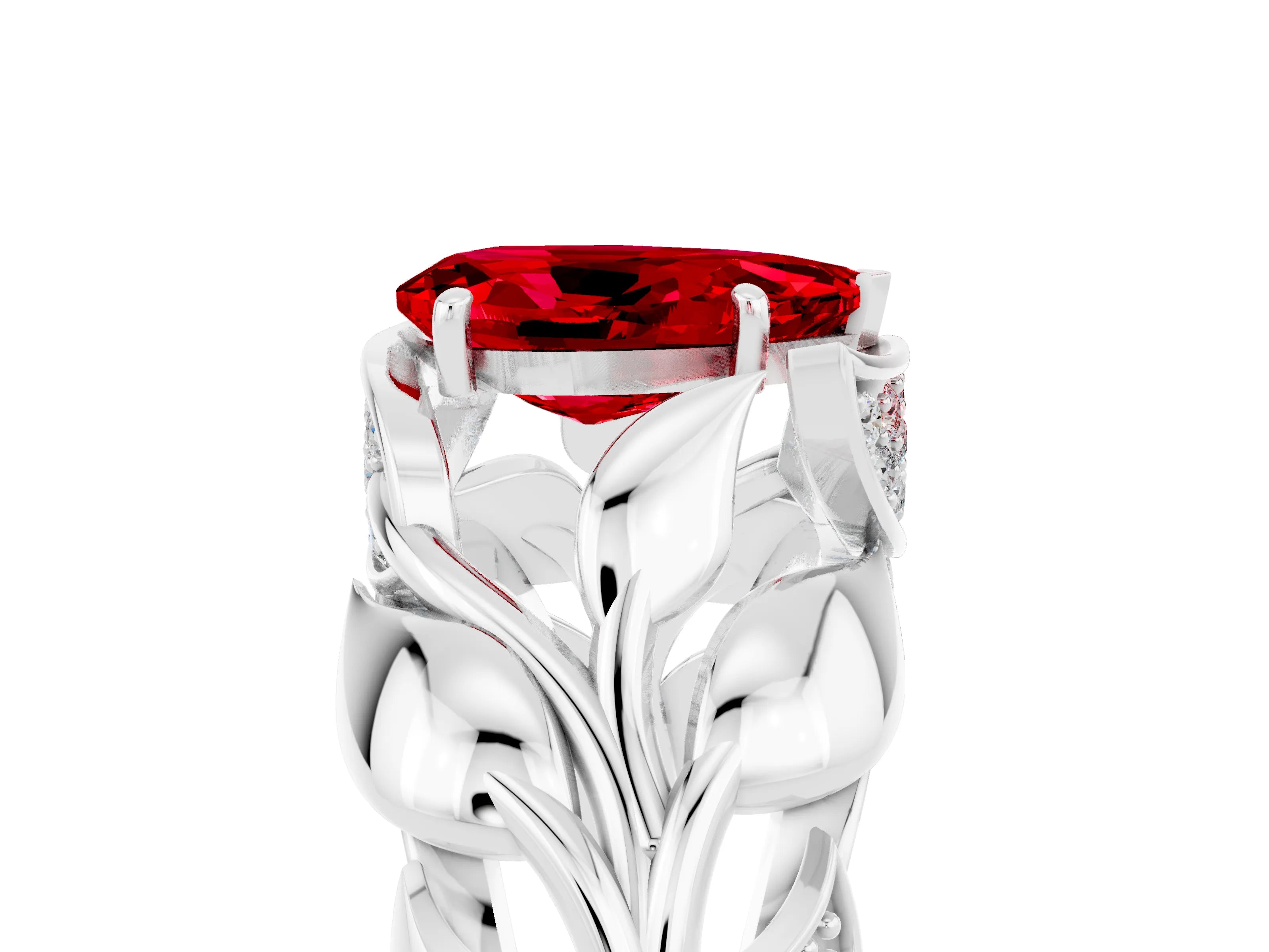 White gold Pear Cut Solitaire Leaf-Inspired Engagement Ring with Prong Setting_5