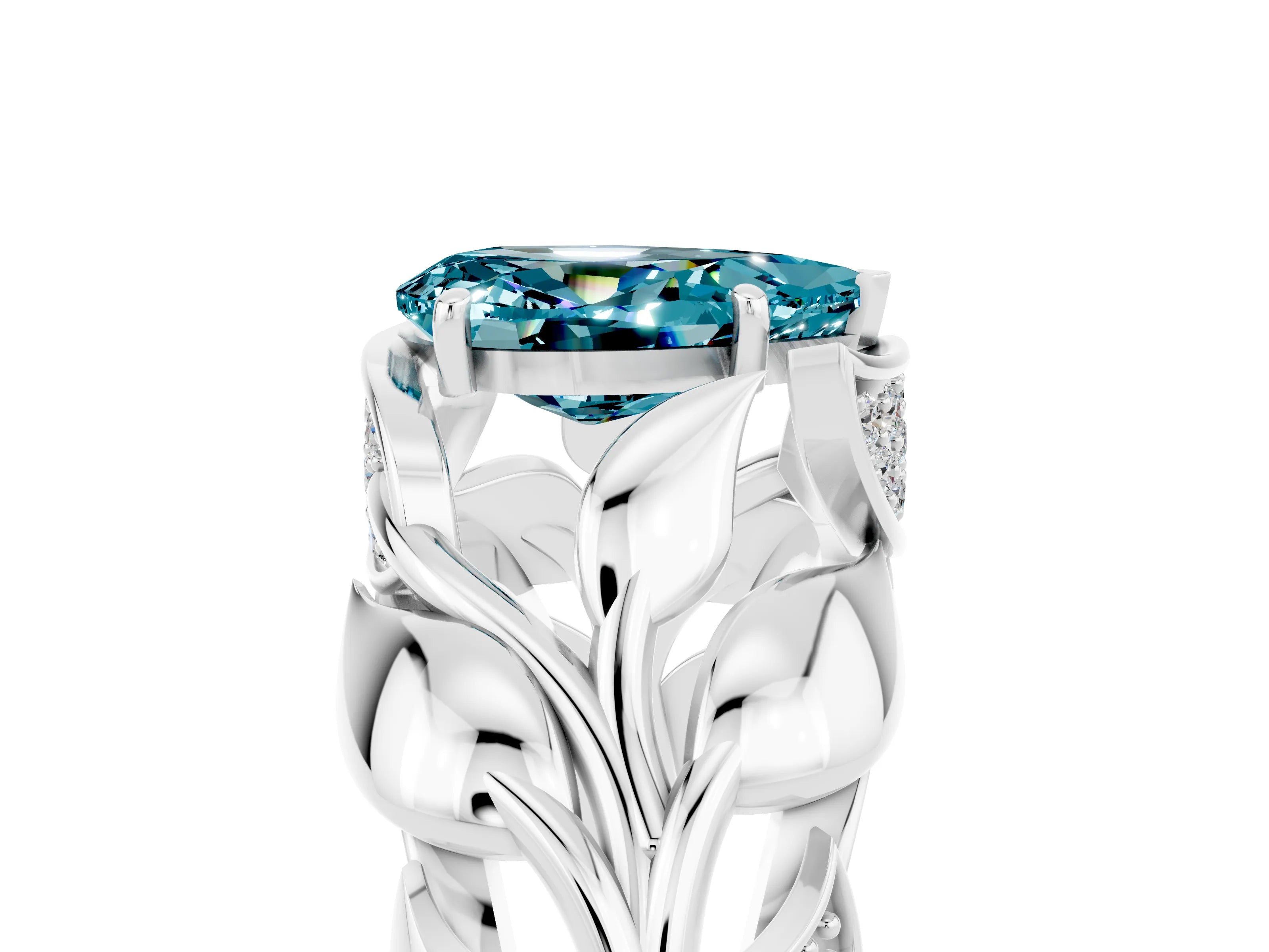 White gold Pear Cut Solitaire Leaf-Inspired Engagement Ring with Prong Setting_5