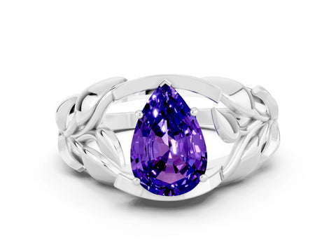 White gold Pear Cut Solitaire Leaf-Inspired Engagement Ring with Prong Setting