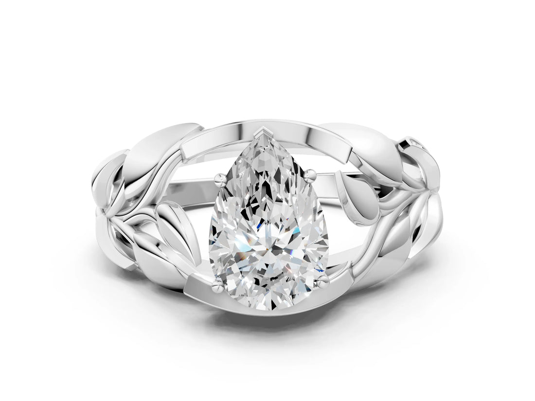 White gold Pear Cut Solitaire Leaf-Inspired Engagement Ring with Prong Setting_7