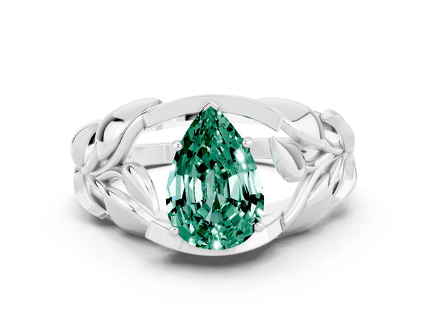White gold Pear Cut Green Sapphire Leaf-Inspired Engagement Ring with Round Accents and Prong Setting