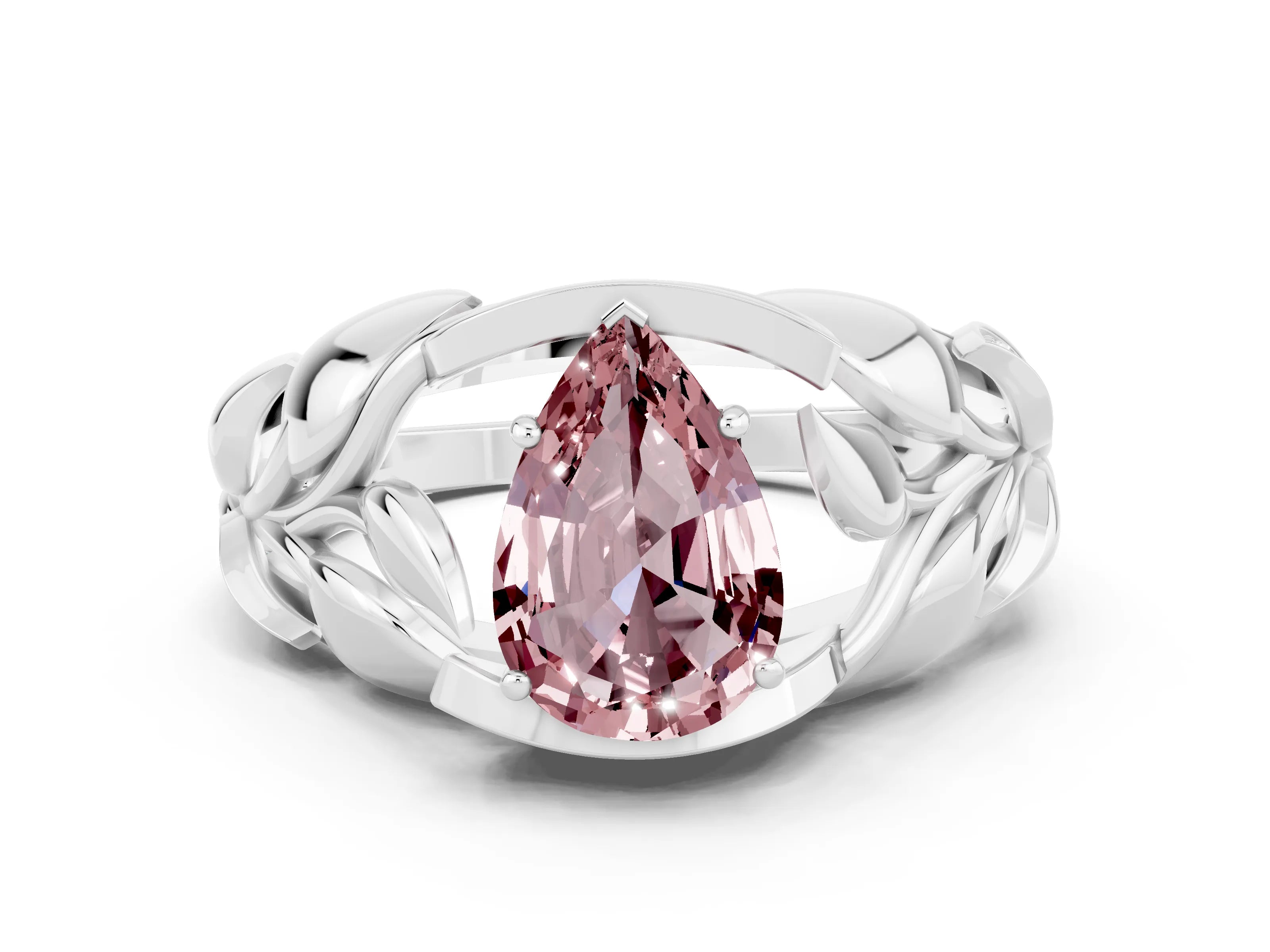 White gold Pear Cut Solitaire Leaf-Inspired Engagement Ring with Prong Setting