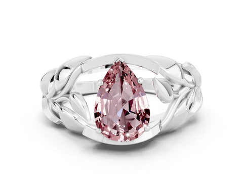 White gold Pear Cut Solitaire Leaf-Inspired Engagement Ring with Prong Setting