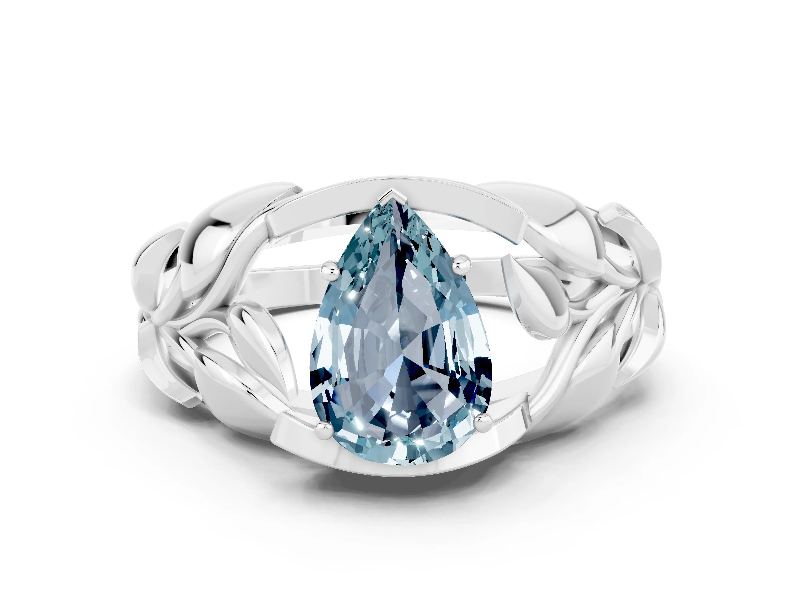 White gold Pear Cut Solitaire Leaf-Inspired Engagement Ring with Prong Setting