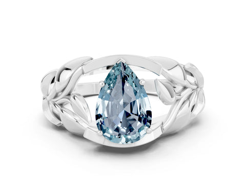 White gold Pear Cut Solitaire Leaf-Inspired Engagement Ring with Prong Setting