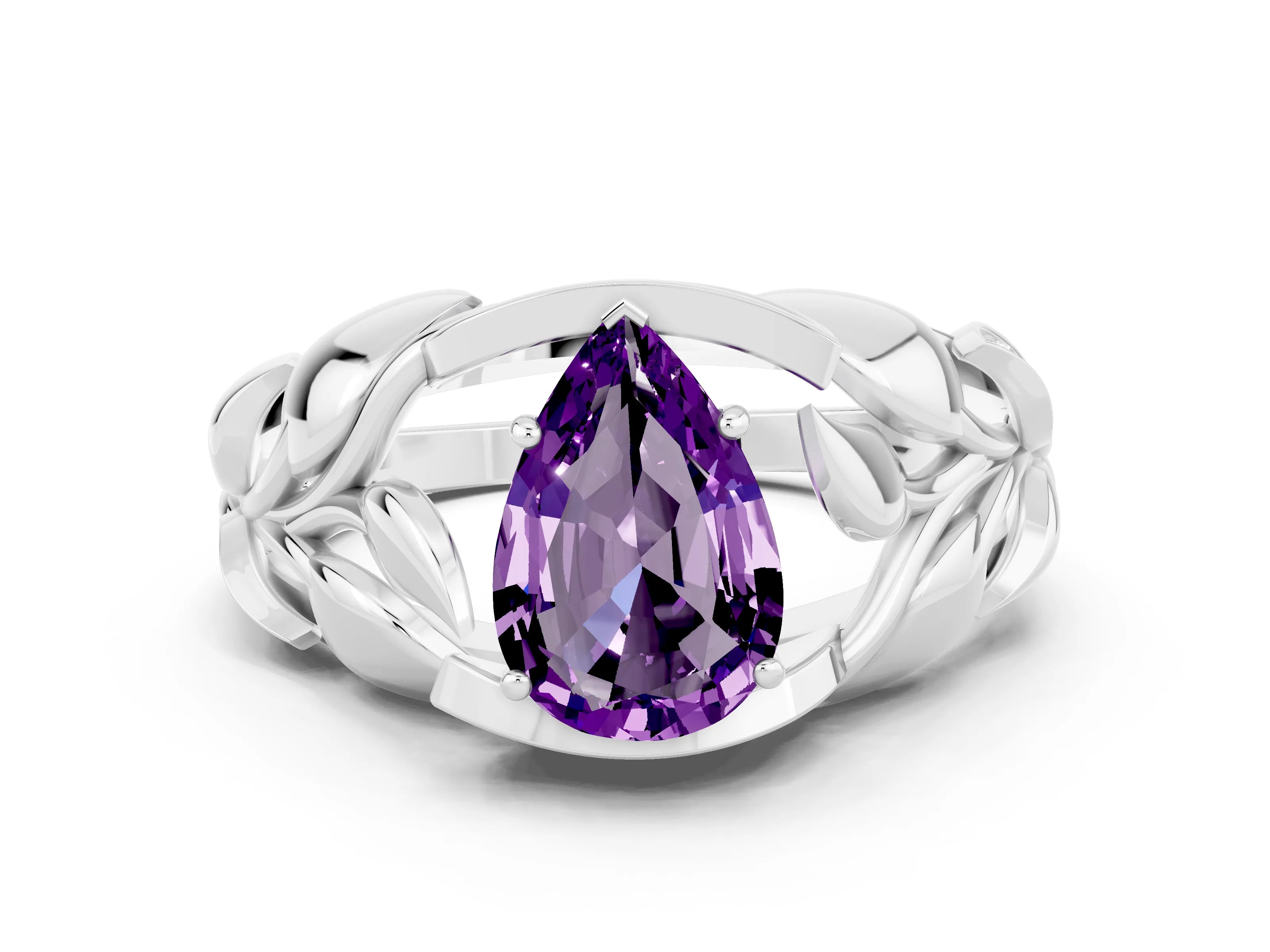 White gold Pear Cut Solitaire Leaf-Inspired Engagement Ring with Prong Setting