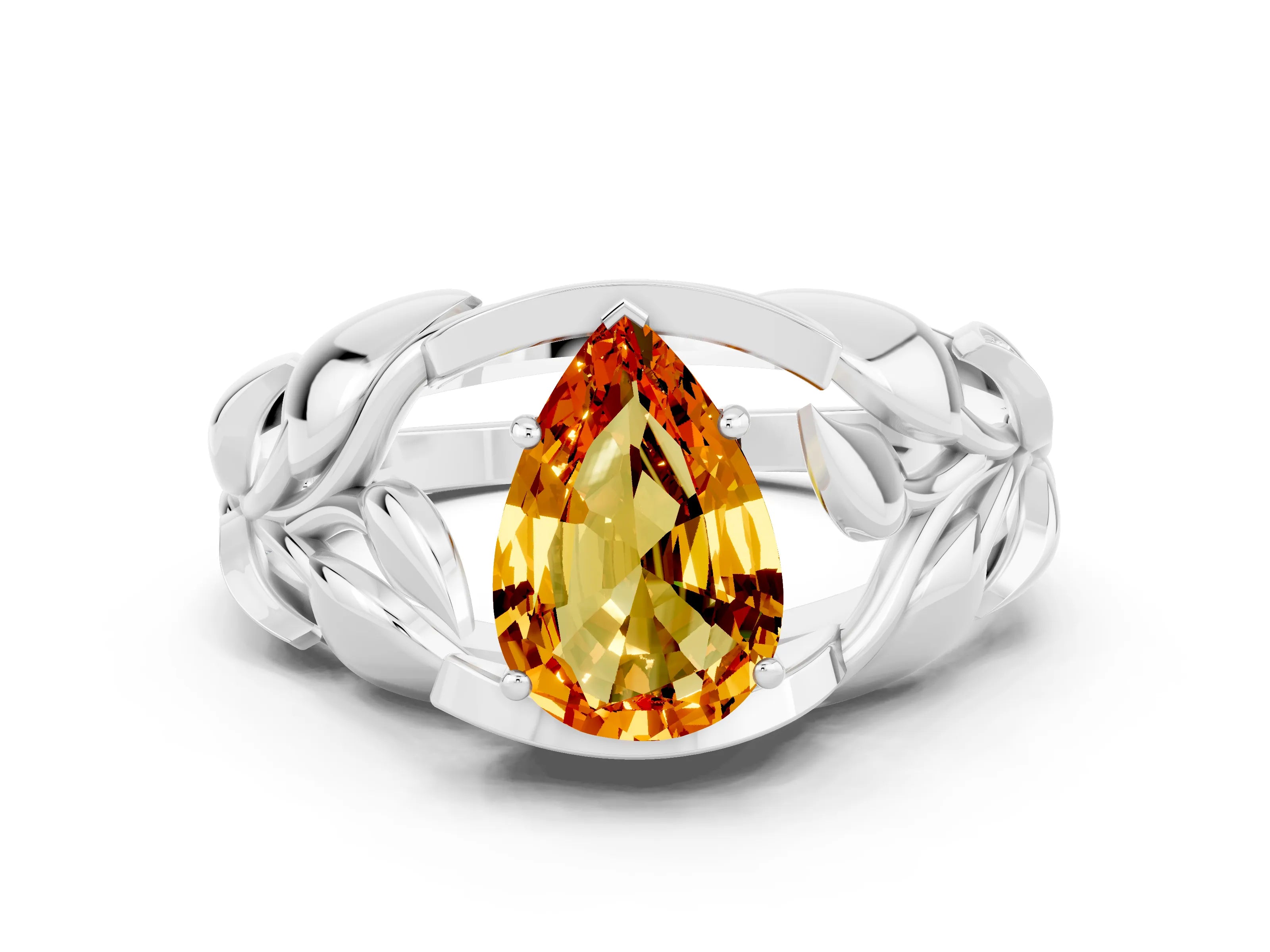 White gold Pear Cut Solitaire Leaf-Inspired Engagement Ring with Prong Setting