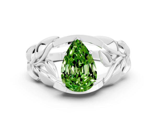 Silver Pear Cut Solitaire Leaf-Inspired Engagement Ring with Prong Setting