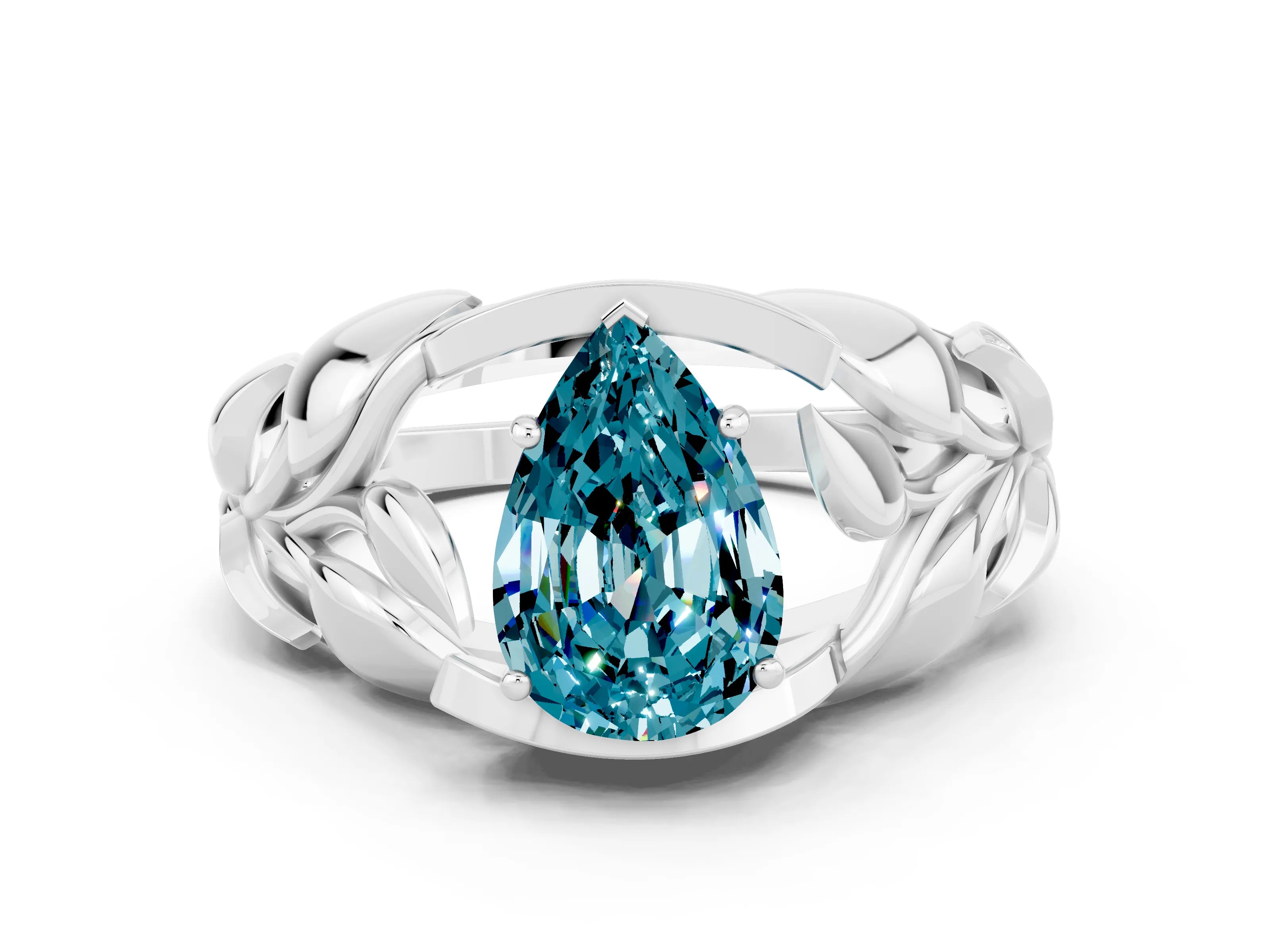 White gold Pear Cut Solitaire Leaf-Inspired Engagement Ring with Prong Setting