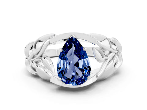 White gold Pear Cut Solitaire Leaf-Inspired Engagement Ring with Prong Setting