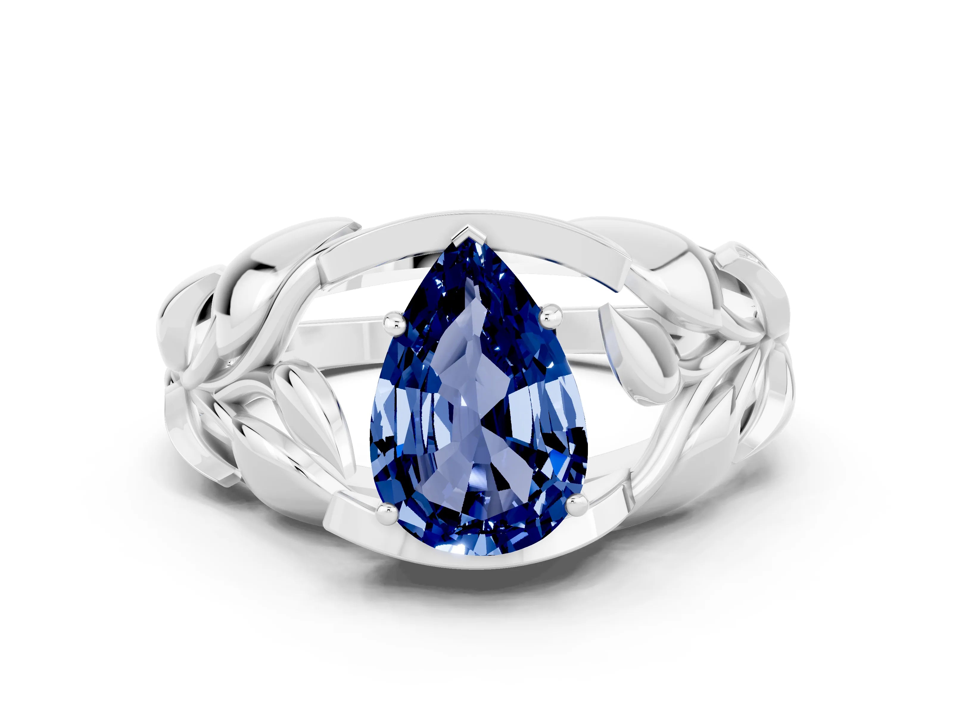 White gold Pear Cut Solitaire Leaf-Inspired Engagement Ring with Prong Setting