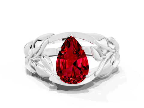 White gold Pear Cut Solitaire Leaf-Inspired Engagement Ring with Prong Setting