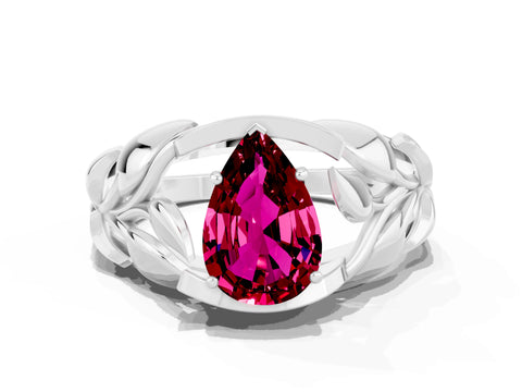 White gold Pear Cut Solitaire Leaf-Inspired Engagement Ring with Prong Setting