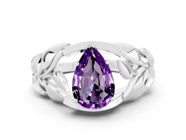 White gold Pear Cut Amethyst Leaf-Inspired Engagement Ring with Round Accents and Prong Setting