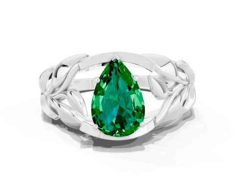 White gold Pear Cut Solitaire Leaf-Inspired Engagement Ring with Prong Setting