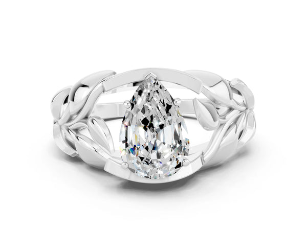 Platinum Pear Cut Moissanite Leaf-Inspired Engagement Ring with Round Accents and Prong Setting