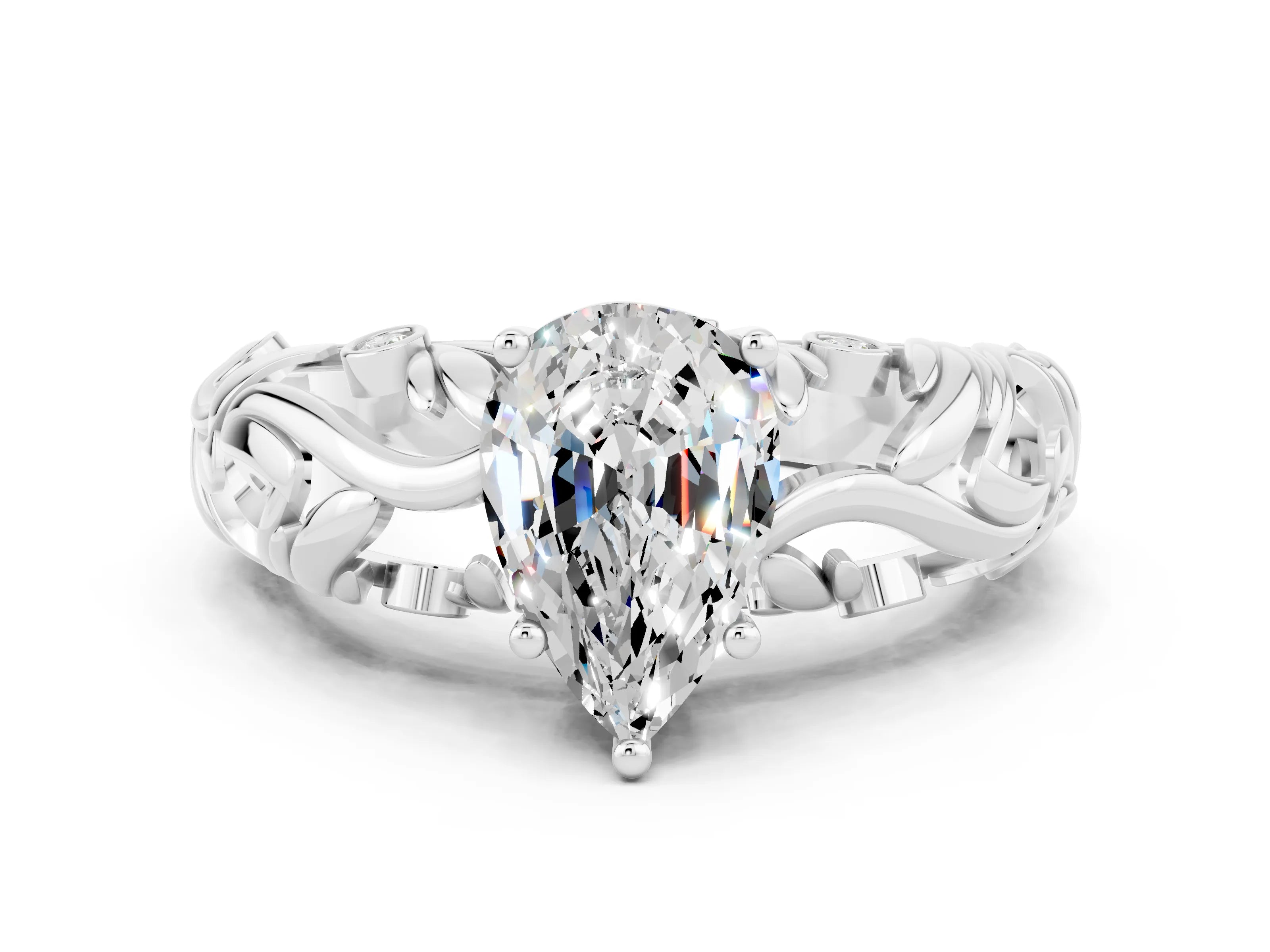 White gold Pear Cut Solitaire Moissanite Leaf-Inspired Vine Band Ring with Prong Setting