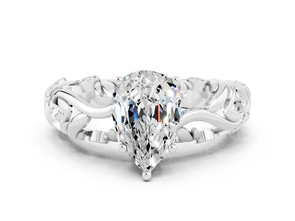 Platinum Pear Cut Solitaire Moissanite Leaf-Inspired Vine Band Ring with Prong Setting