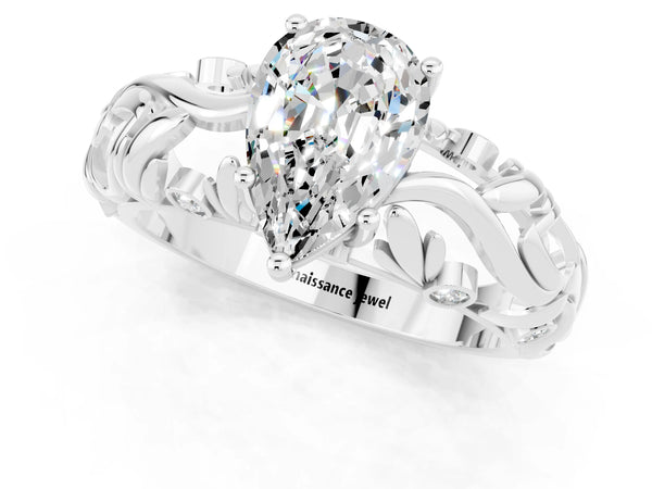 Platinum Pear Cut Solitaire Moissanite Leaf-Inspired Vine Band Ring with Prong Setting