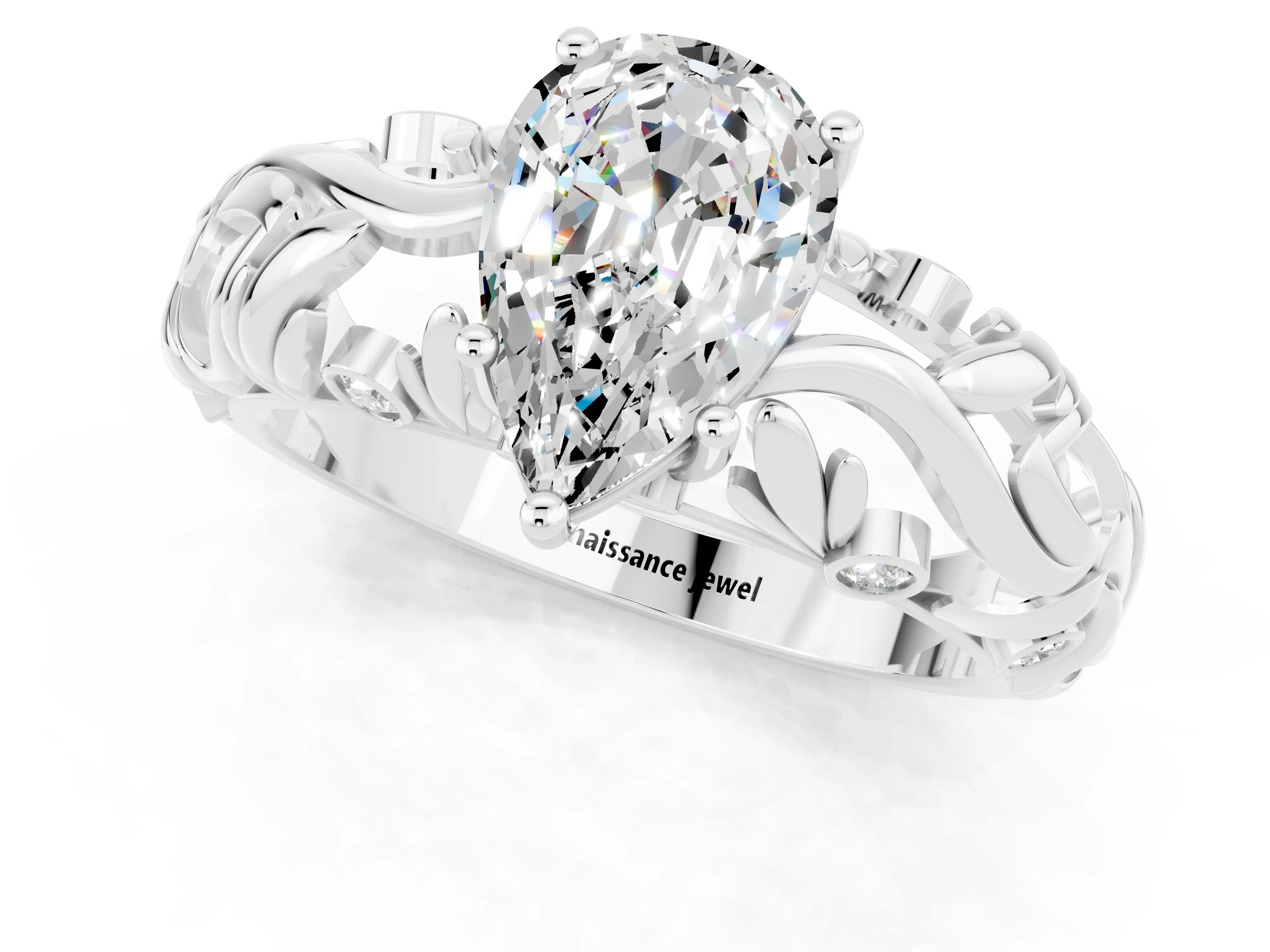 White gold Pear Cut Solitaire Moissanite Leaf-Inspired Vine Band Ring with Prong Setting_1