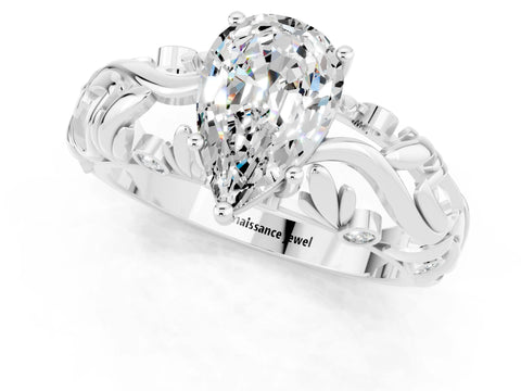 White gold Pear Cut Solitaire Moissanite Leaf-Inspired Vine Band Ring with Prong Setting_1