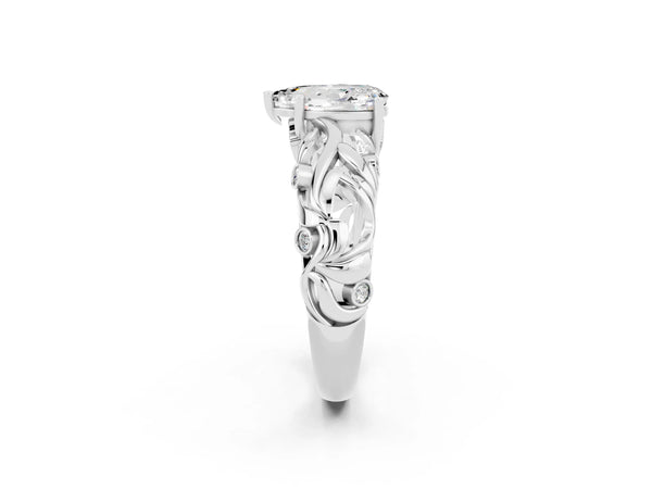 Silver Pear Cut Solitaire Moissanite Leaf-Inspired Vine Band Ring with Prong Setting