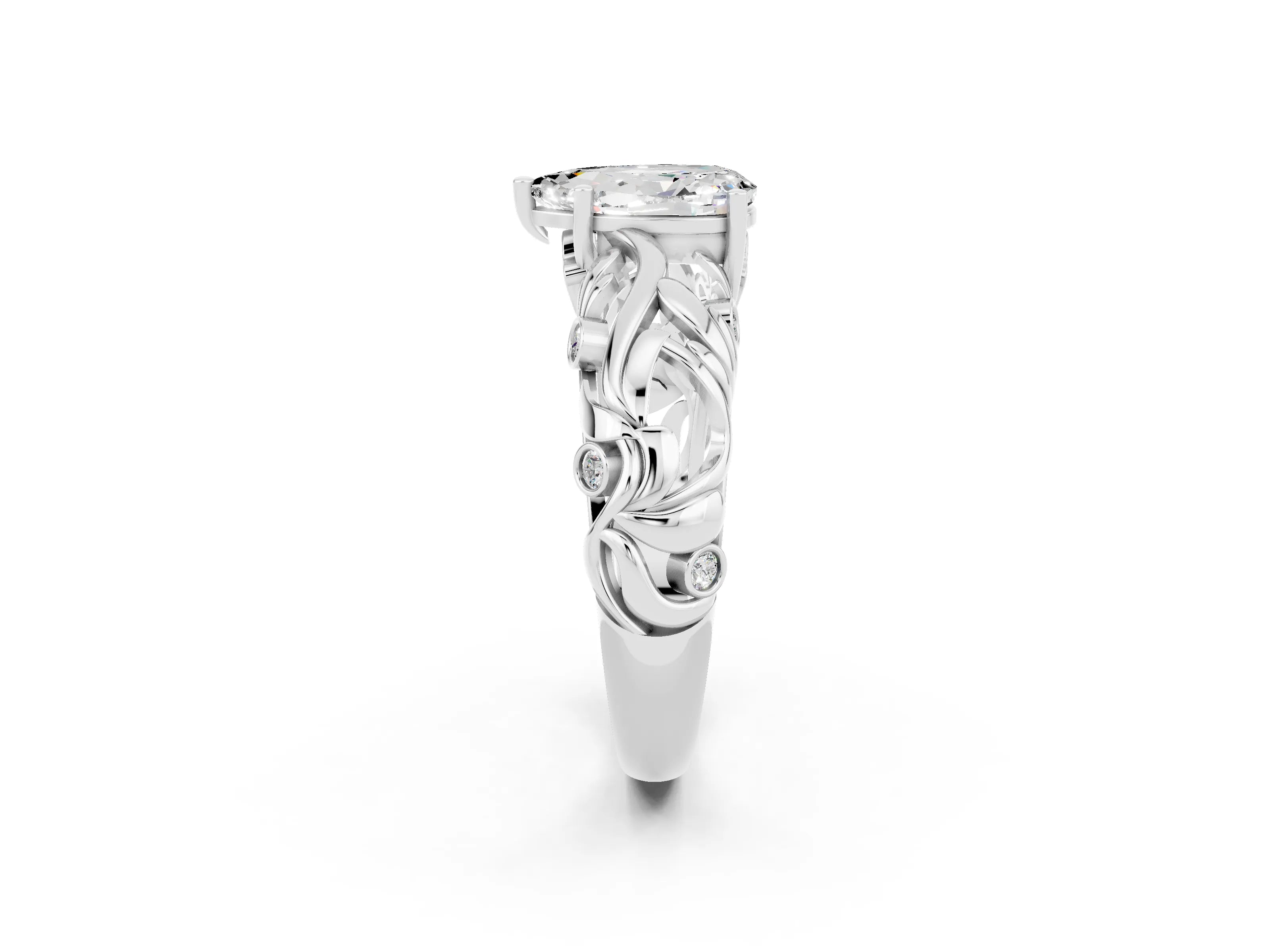 White gold Pear Cut Solitaire Moissanite Leaf-Inspired Vine Band Ring with Prong Setting_2