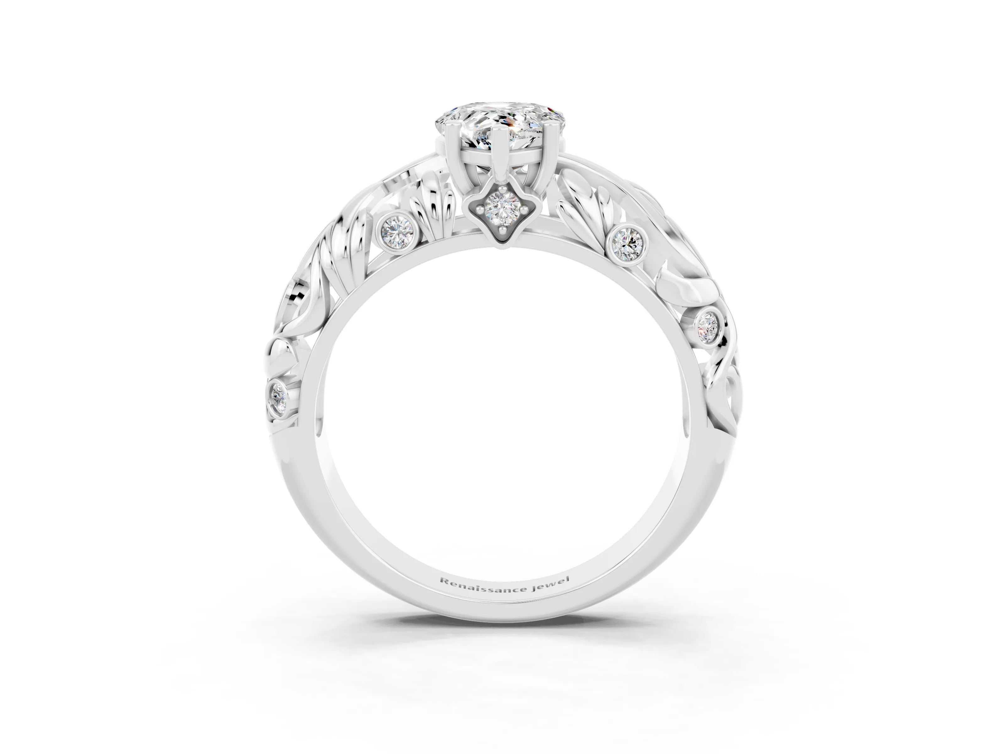 White gold Pear Cut Solitaire Moissanite Leaf-Inspired Vine Band Ring with Prong Setting_3