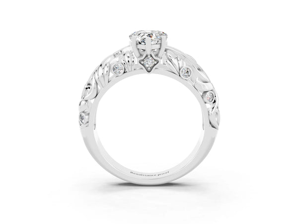 Silver Pear Cut Solitaire Moissanite Leaf-Inspired Vine Band Ring with Prong Setting