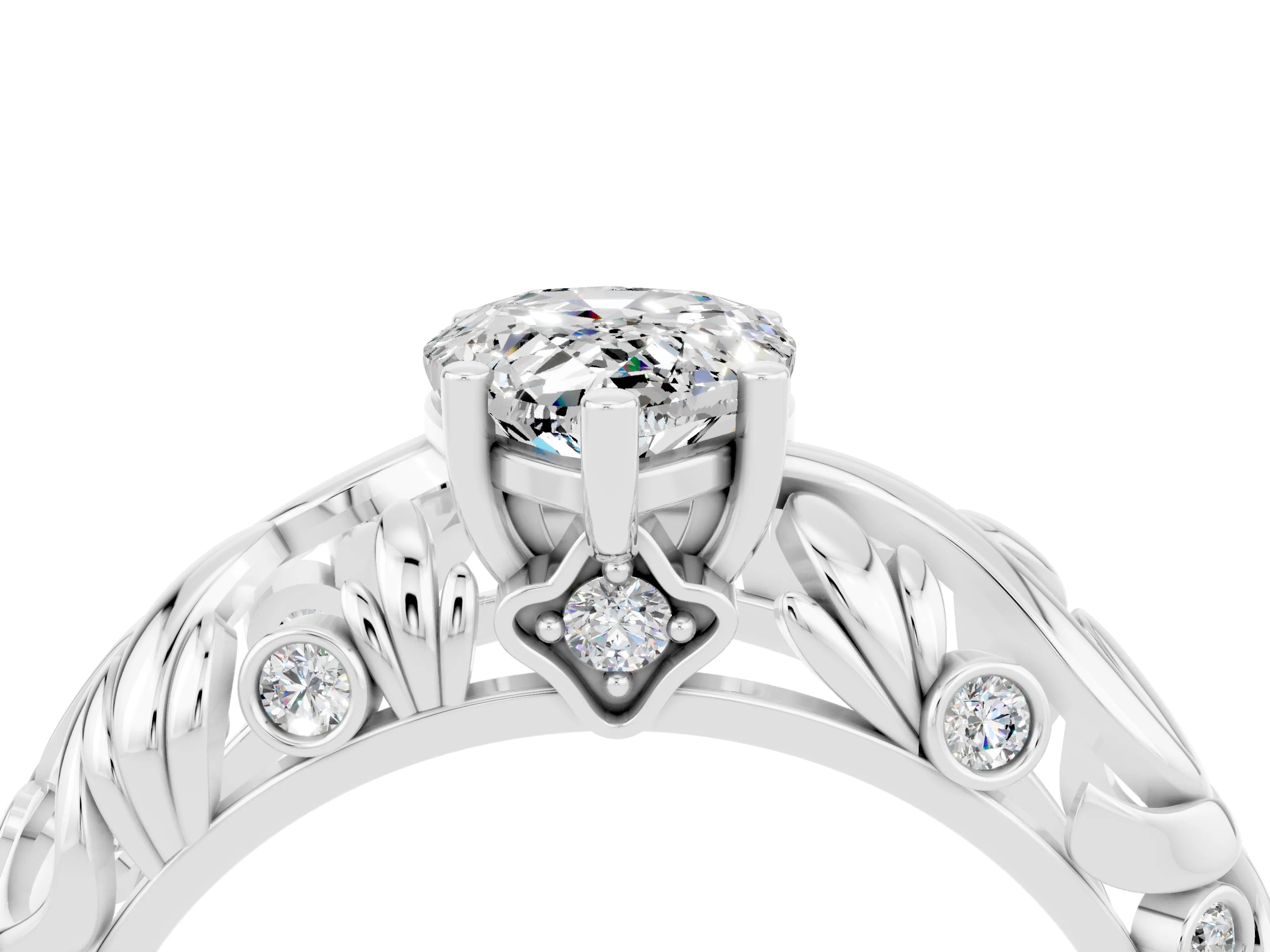 White gold Pear Cut Solitaire Moissanite Leaf-Inspired Vine Band Ring with Prong Setting_4