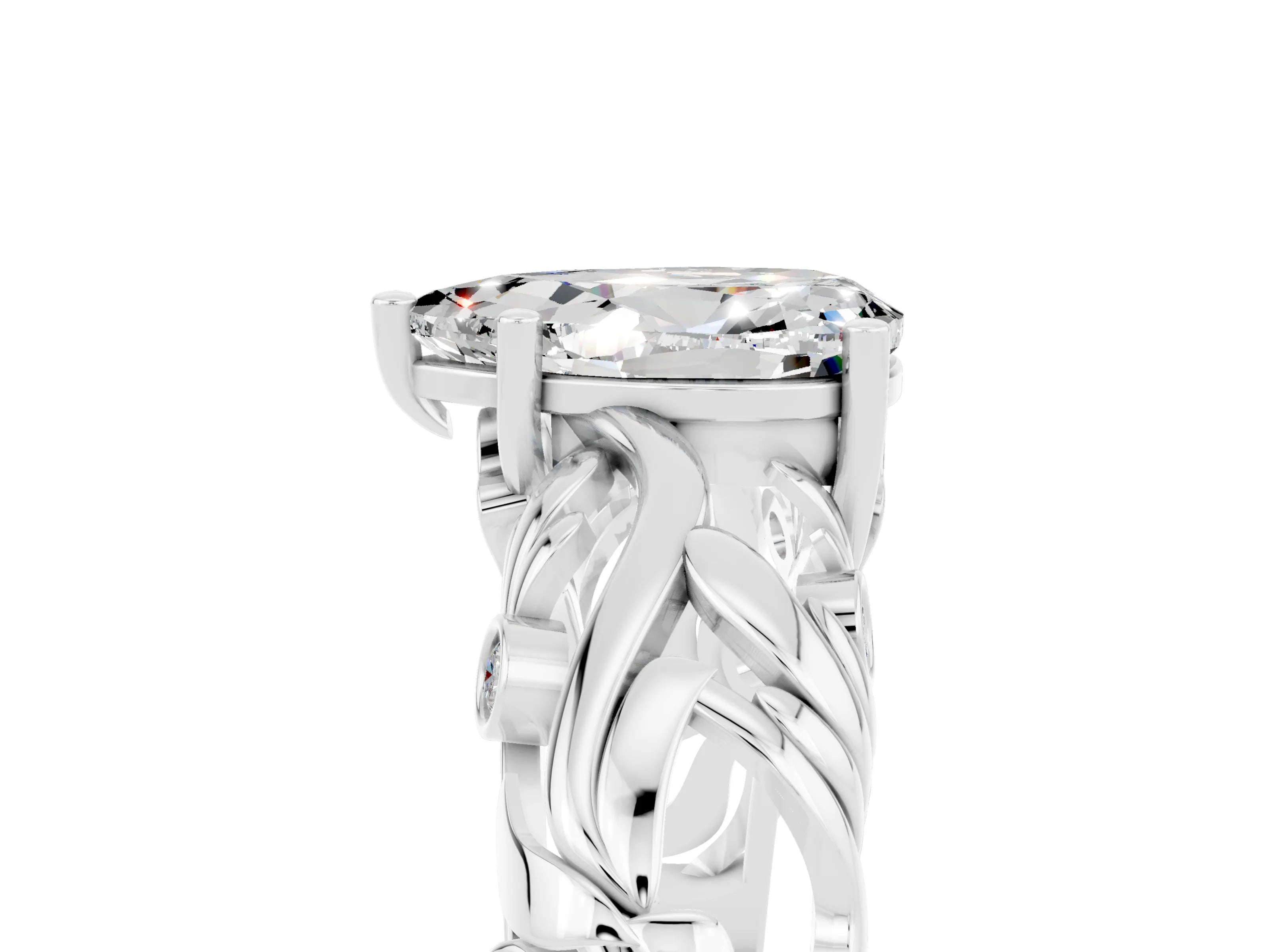 White gold Pear Cut Solitaire Moissanite Leaf-Inspired Vine Band Ring with Prong Setting_5