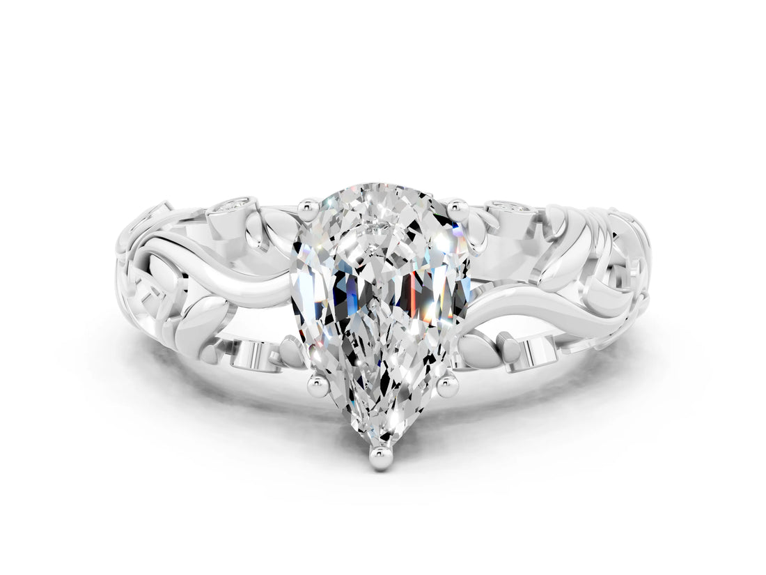 White gold Pear Cut Solitaire Moissanite Leaf-Inspired Vine Band Ring with Prong Setting