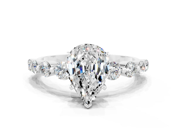 Platinum Pear Cut Solitaire Moissanite Ring with Pave Band and Four-Prong Setting