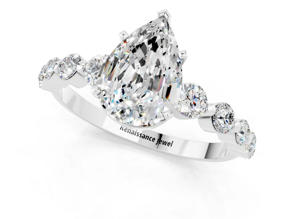 Platinum Pear Cut Solitaire Moissanite Ring with Pave Band and Four-Prong Setting