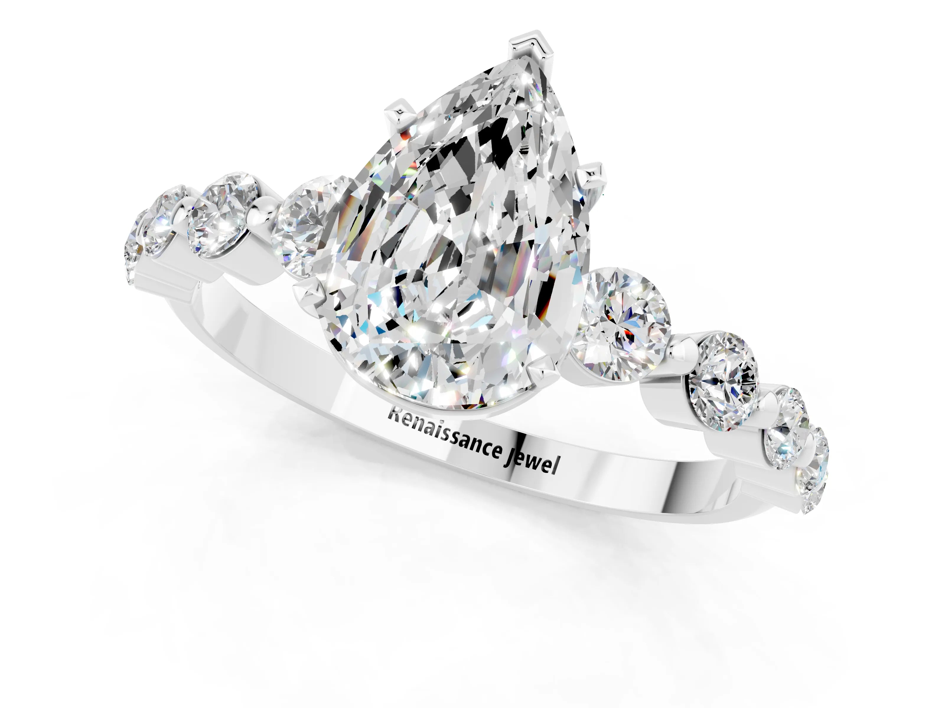 White gold Pear Cut Solitaire Moissanite Ring with Pave Band and Four-Prong Setting_1