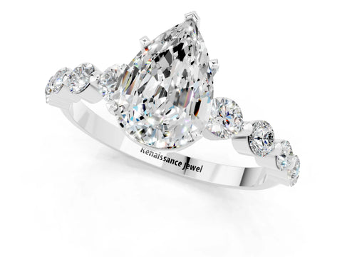 White gold Pear Cut Solitaire Moissanite Ring with Pave Band and Four-Prong Setting_1