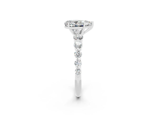 Silver Pear Cut Solitaire Moissanite Ring with Pave Band and Four-Prong Setting