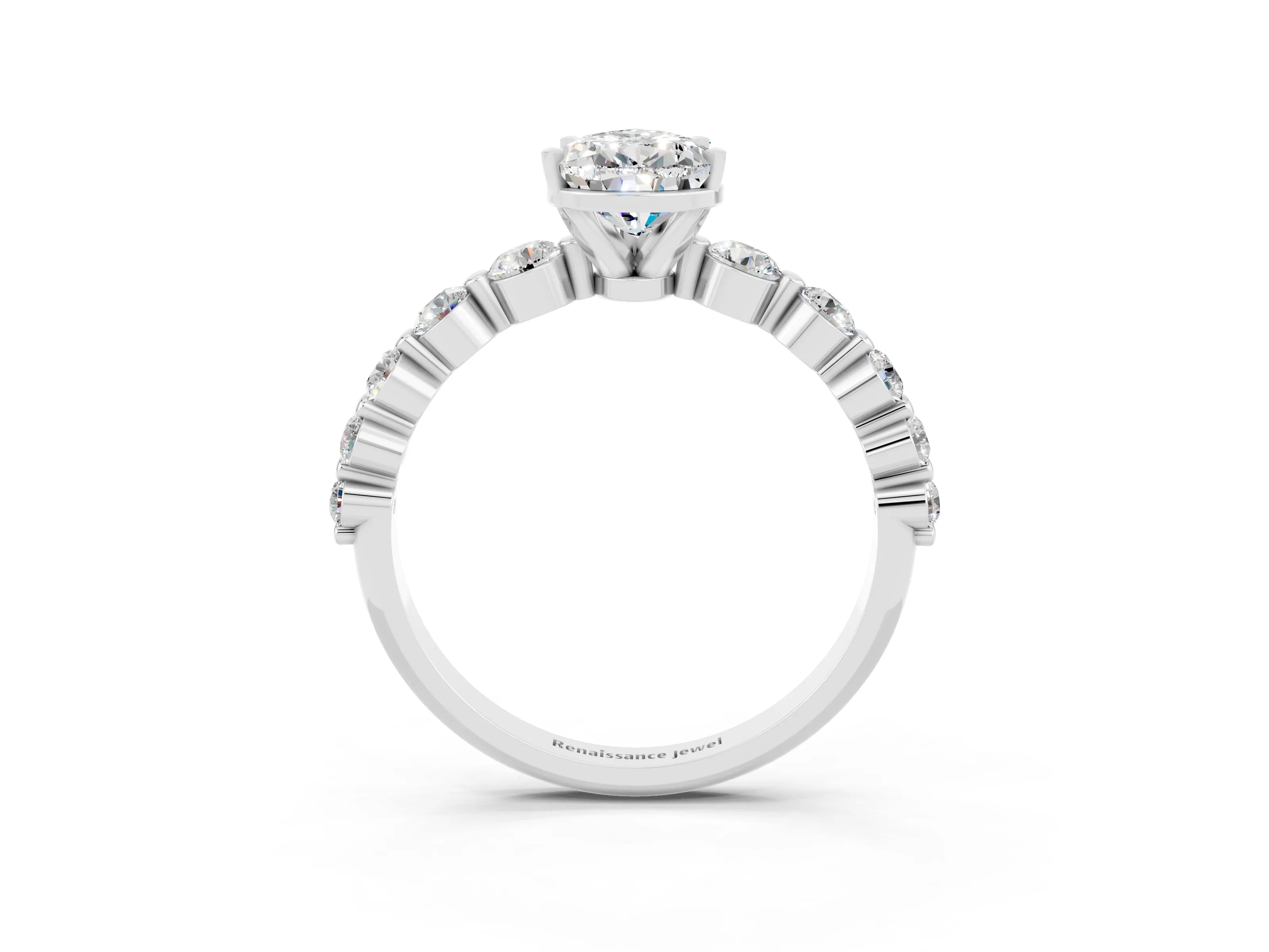 White gold Pear Cut Solitaire Moissanite Ring with Pave Band and Four-Prong Setting_3