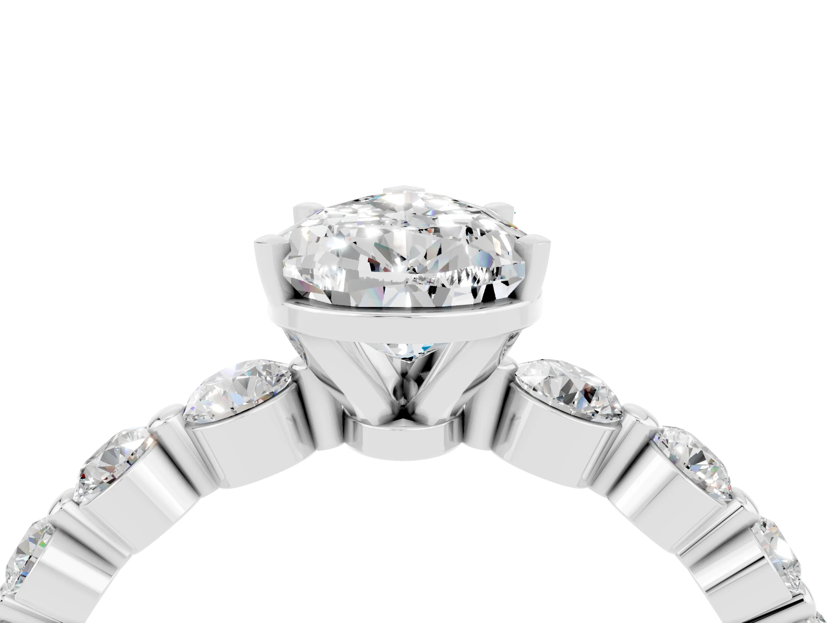 White gold Pear Cut Solitaire Moissanite Ring with Pave Band and Four-Prong Setting_4