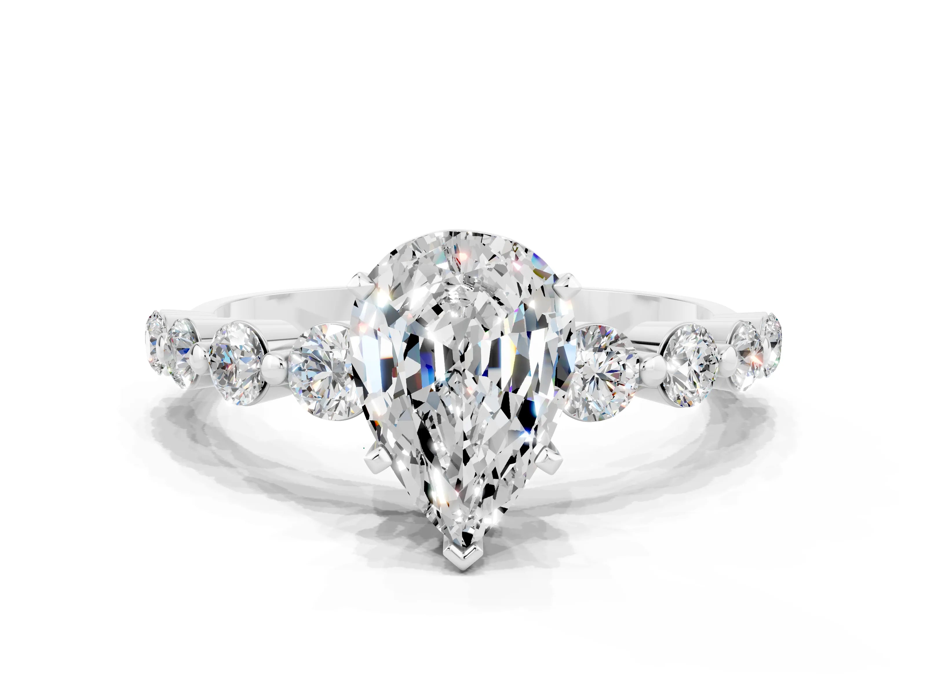 White gold Pear Cut Solitaire Moissanite Ring with Pave Band and Four-Prong Setting