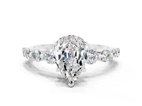 White gold Pear Cut Solitaire Moissanite Ring with Pave Band and Four-Prong Setting