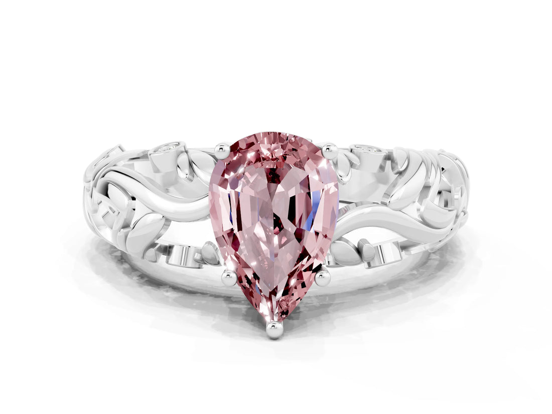 White gold Pear Cut Solitaire Morganite Leaf-Inspired Vine Band Ring with Prong Setting