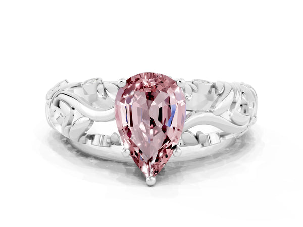 White gold Pear Cut Solitaire Morganite Leaf-Inspired Vine Band Ring with Prong Setting