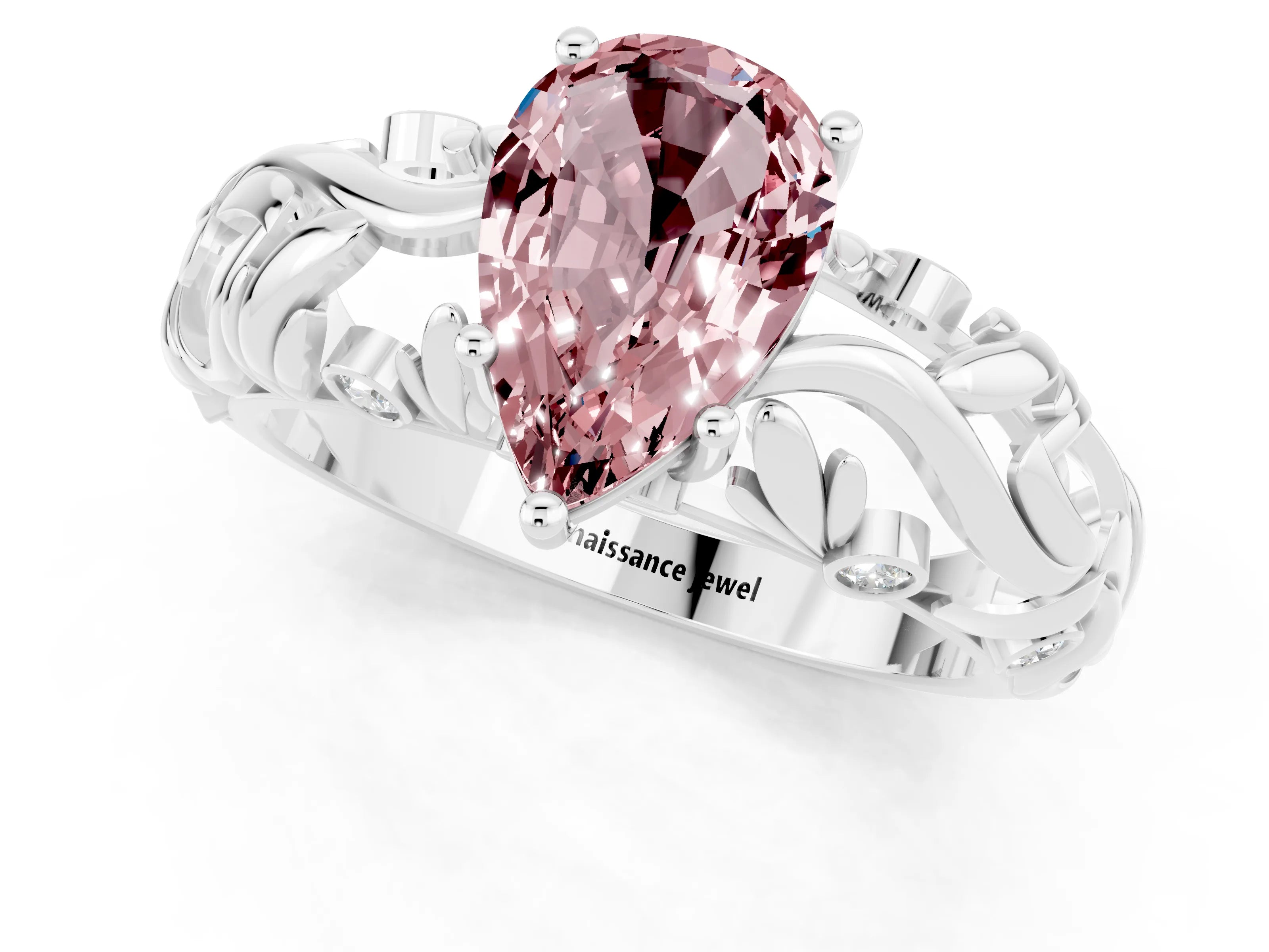 White gold Pear Cut Solitaire Morganite Leaf-Inspired Vine Band Ring with Prong Setting_1