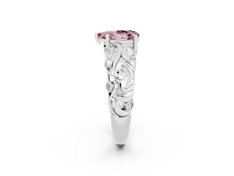 White gold Pear Cut Solitaire Morganite Leaf-Inspired Vine Band Ring with Prong Setting_2