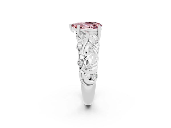 White gold Pear Cut Solitaire Morganite Leaf-Inspired Vine Band Ring with Prong Setting