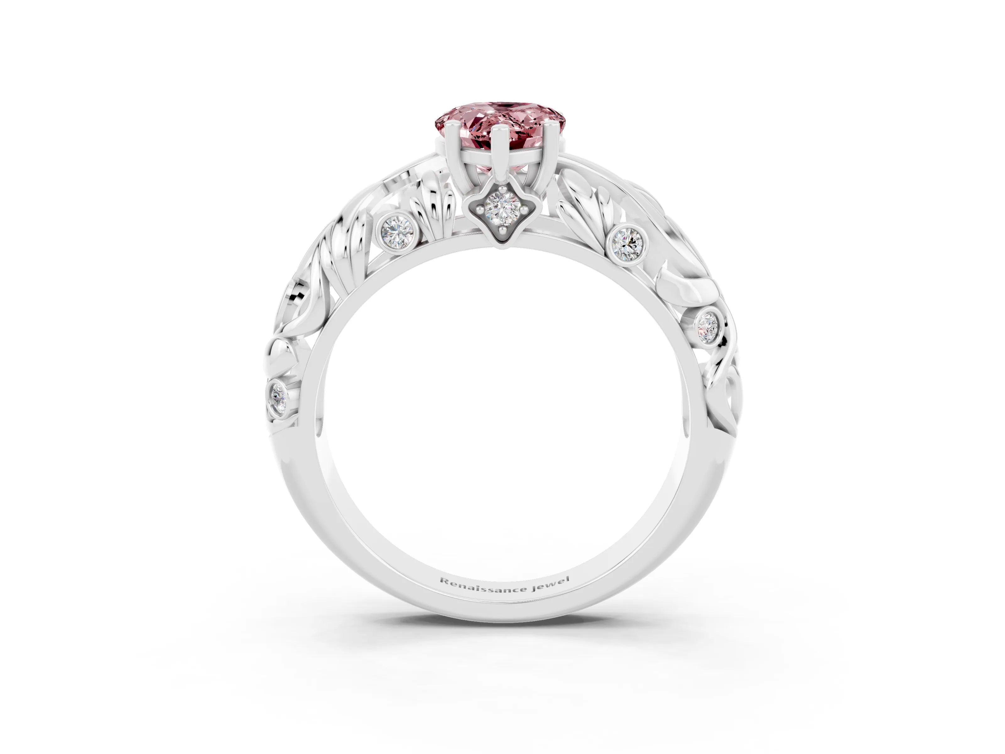 White gold Pear Cut Solitaire Morganite Leaf-Inspired Vine Band Ring with Prong Setting_3